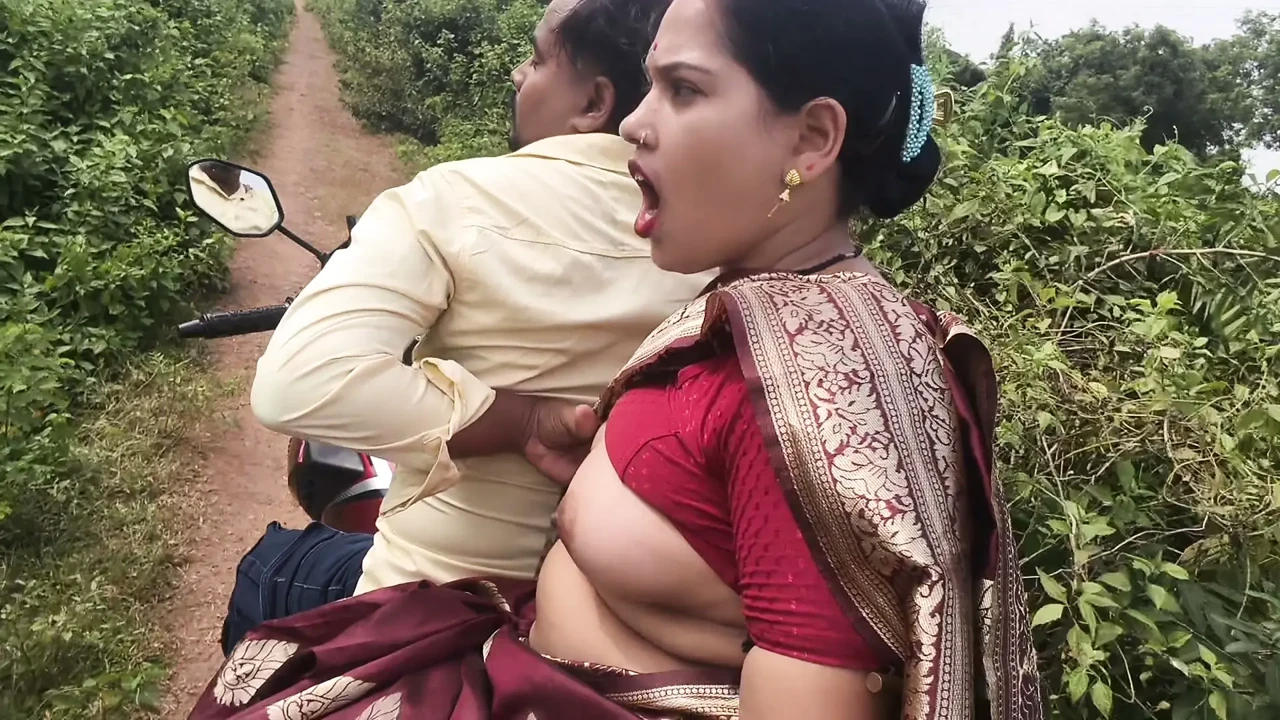 Indian Desi bihari village wife hard touch big boobs, by her lover, in running bike, in outdoor jungle